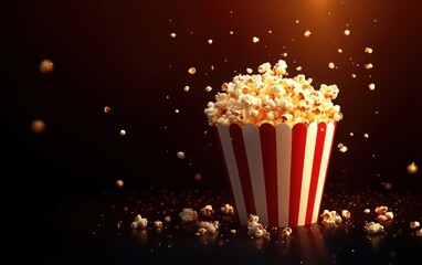 A stylish 3D vector design of a popcorn bucket, representing movie theater snacks, with a white and red striped paper wrap 