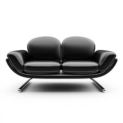 A sleek leather sofa with chrome legs, contemporary design, 3D illustration, black finish, isolated on white background 