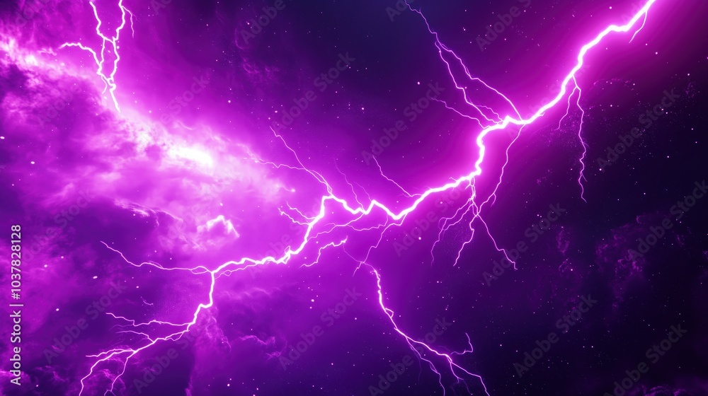 Leinwandbilder Dynamic 3D rendering of purple lightning in a deep space background with dark galaxy elements. The scene captures intense thunder and glowing purple light within an abstract nebula, creating an otherw