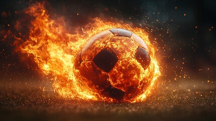 A fiery soccer ball surrounded by flames, symbolizing intense action in sports.