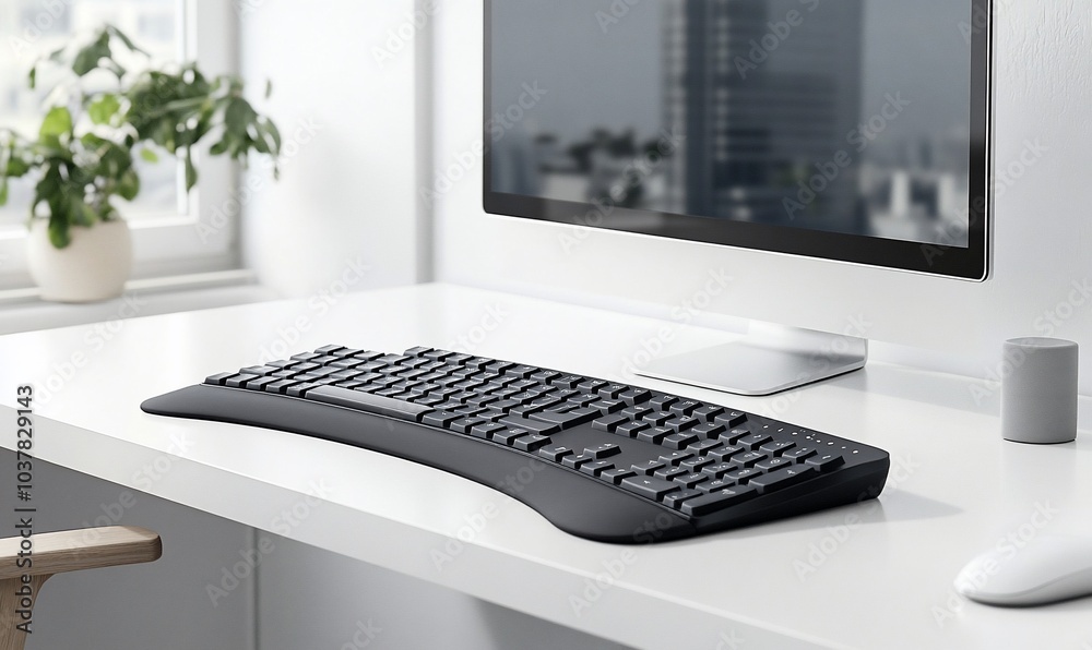 Poster A black ergonomic keyboard sits on a white desk with a computer monitor, a mouse, and a speaker.