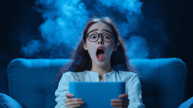 Shocked woman reacting to a scary movie at home