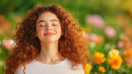Young woman enjoying a peaceful moment in a flower garden