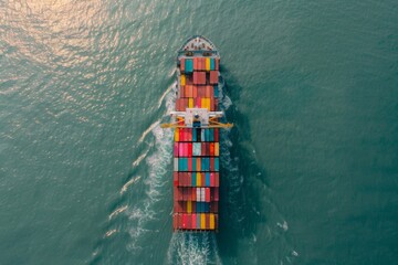A cargo ship sailing on the water, viewed from above, import and export logistics cargo shipping transportation of goods by container ship on the open sea, cargo ship