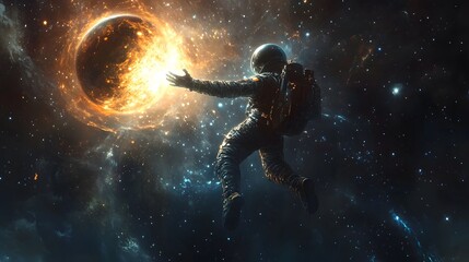 Naklejka premium Spaceman and planet, human in space concept. 