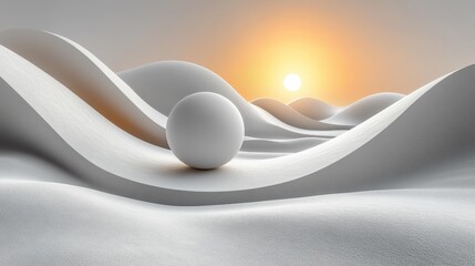 Surreal abstract landscape of rolling white dunes and a sphere at sunset. Generative AI