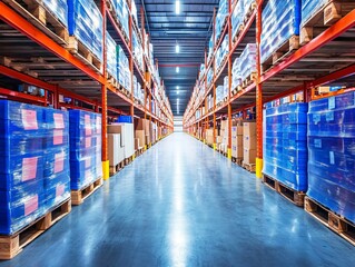 Fototapeta premium Warehouse Shelves with Palleted Goods and Bright Lighting