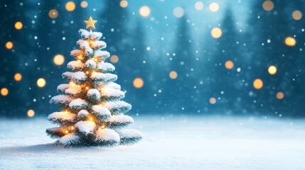 Obraz premium Snow-covered Christmas tree with glowing lights and star