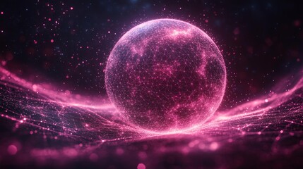 Obraz premium Abstract Digital Sphere with Neural Network on a Pink Glowing Background. Generative AI