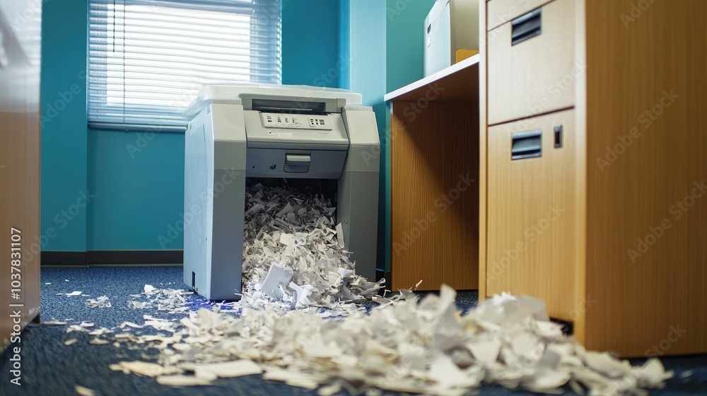 Poster a paper shredder in the corner of an office, with shredded paper piling up next to it.