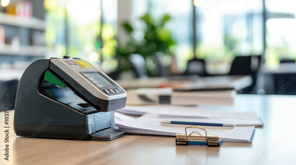 Aufkleber an office setup with a tape dispenser placed next to a stapler and paperwork in a clean workspace.