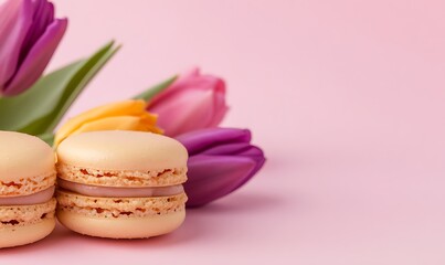 delightful macaroons and tulip flowers on a pink background close up, Generative AI