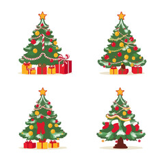 Christmas tree decorated with candy, bells, presents, and stockings