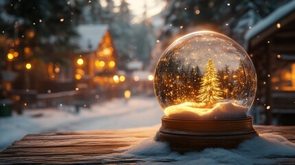 Festive snow globe with a glowing Christmas tree in a cozy winter village setting. Generative AI