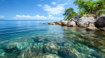 Fototapeta premium A calm, crystal-clear sea with a rocky shoreline and tropical plants in the background