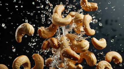 Close-up of cashew nuts in the air, surrounded by water droplets. Washing cashew nuts. A natural protein snack. Delicious organic product. Food background