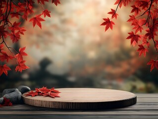 Wooden round display with vibrant red maple leaves draped in the background against a warm toned minimalist studio photography style background with soft lighting