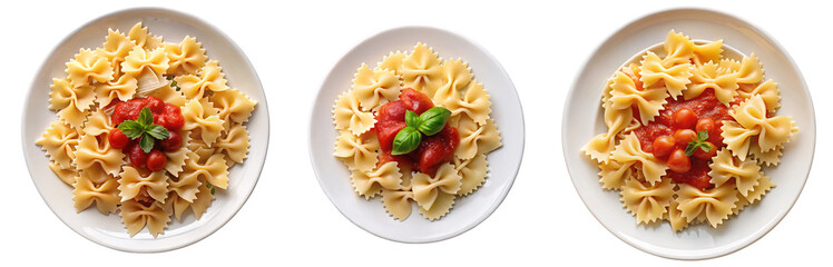 Set of a top view of penne pasta served with rich tomato sauce, garnished with basil and parsley, highlighting Italian cuisine and comfort food on transparent background