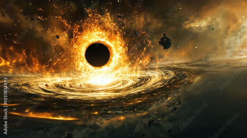 Wall mural a black hole pulls in space debris, creating a swirling, fiery spectacle in the vastness of space