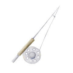 Fototapeta premium Fishing rod made of wood and metal gray and brown in watercolor style, digital illustration clip art with texture for printing and web use