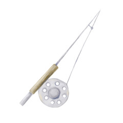 Fishing rod made of wood and metal gray and brown in watercolor style, digital illustration clip art with texture for printing and web use