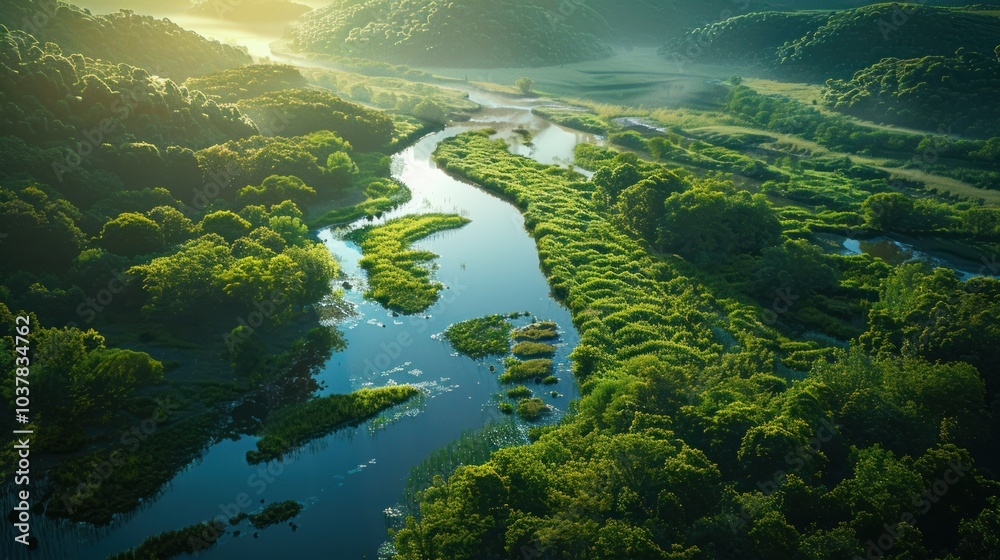 Poster Aerial View of a Serene River Winding Through Lush Green Forest