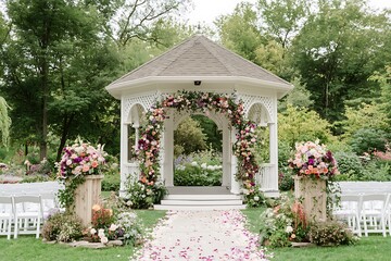 A white gazebo with floral arrangements on the sides, surrounded by greenery and trees 