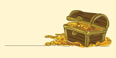Continuous one line drawing of treasure chest. Opened treasure chest contains many gold coins. Editable line and colored vector illustration.