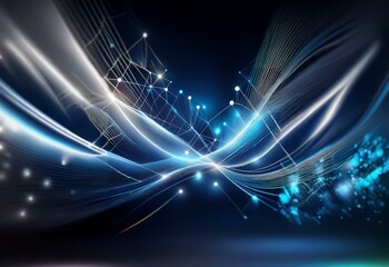 Fototapeta premium Flowing blue lines and geometric shapes create a sense of movement and connection on a dark background.