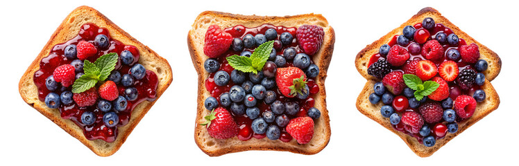 Set of Close-up of toast topped with mixed berries and jam, featuring blueberries, raspberries, and strawberries on a transparent background.