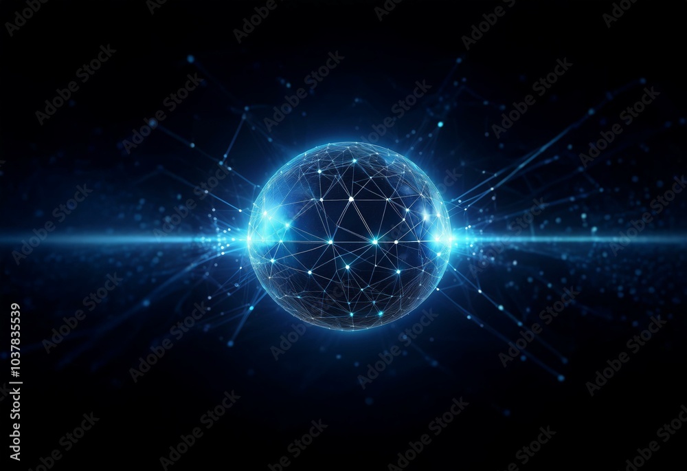 Poster Glowing sphere with a network of lines and nodes on a dark blue background.