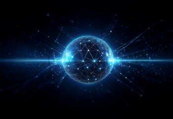 Glowing sphere with a network of lines and nodes on a dark blue background.