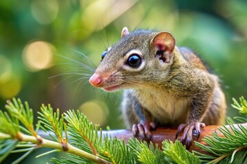 Close-up of a northern treeshrew perched on the branch in a lush evergreen forest