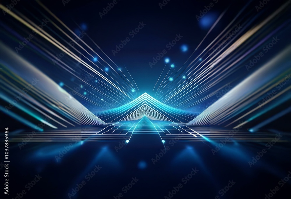 Poster Abstract digital art depicting a glowing blue and white grid pattern, with blurry lines of light shooting out from the center.