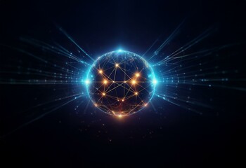 Obraz premium A glowing orb with a web of lines radiating outwards, representing global connectivity and digital networks.