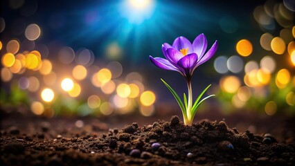 Close-up of a purple flower in dark soil with bokeh lights