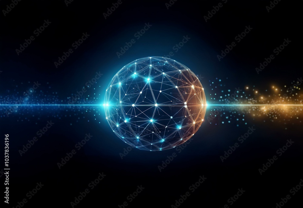 Poster a glowing blue and orange sphere with a constellation of connected lines and dots set against a dark