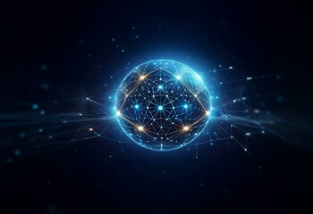 Obraz premium A glowing blue sphere with a network of connected lines and points against a dark background.