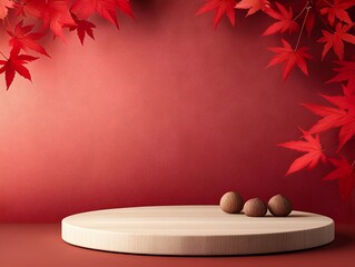 Elegant wooden round platform with vibrant red maple leaves draped in the background against a soft warm toned minimalist backdrop