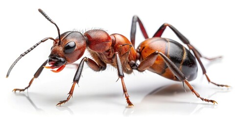 Close-up of a red wood ant Formica rufa, also known as southern wood ant, isolated on a white background