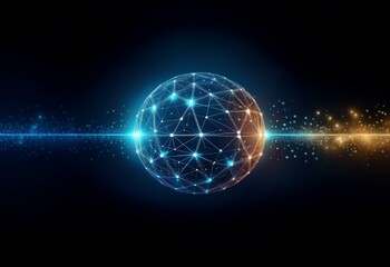 A glowing blue and orange sphere with a constellation of connected lines and dots set against a dark background.