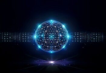 Obraz premium A glowing blue sphere constructed from lines and dots against a dark blue background with light streaks in the foreground.