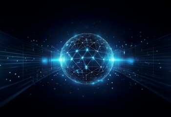 Obraz premium A glowing, blue sphere made of interconnected points and lines against a dark blue background with light trails.