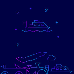 Water bus, pleasure boat gradient line vector icon, simple illustration on a dark blue background, city transport related bottom border.