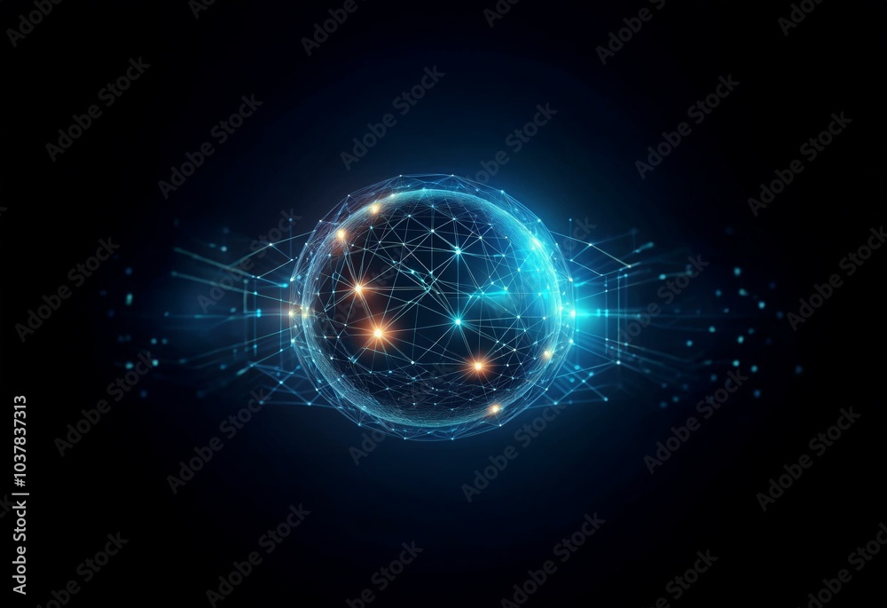 Fototapete a glowing sphere with a network of lines and nodes against a dark blue background.