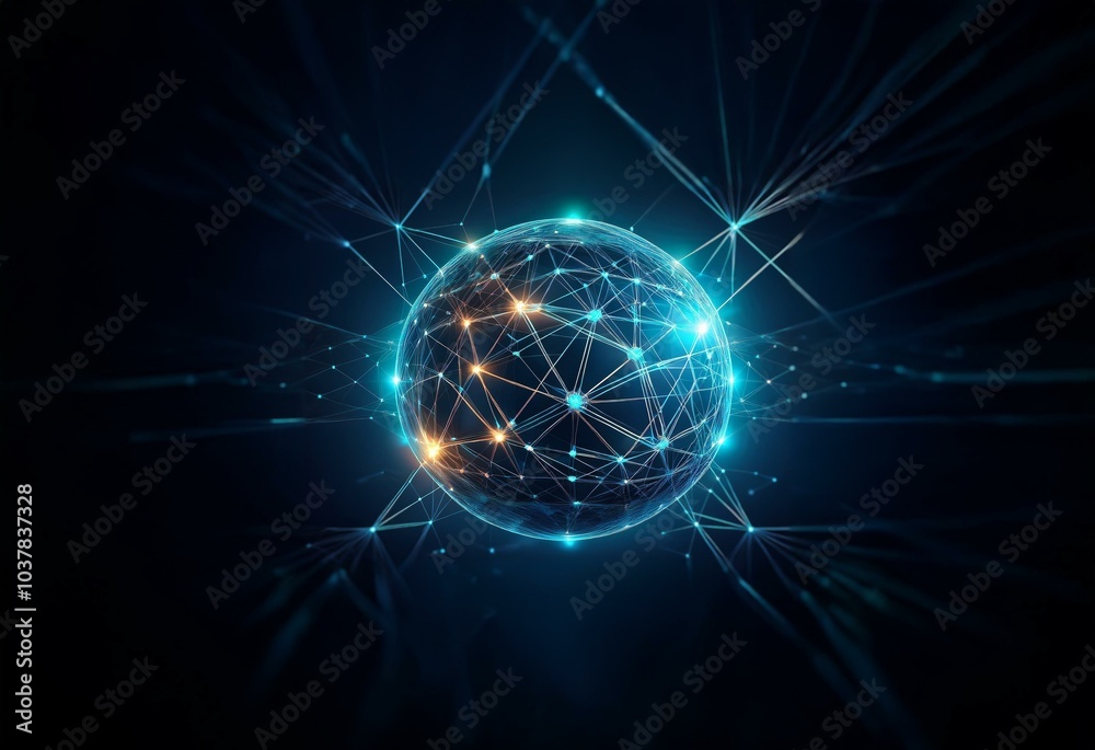 Poster a glowing sphere made of interconnected lines and points against a dark blue background.