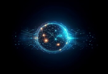 Obraz premium A glowing sphere with a network of lines and nodes against a dark blue background.