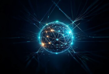Obraz premium A glowing sphere made of interconnected lines and points against a dark blue background.