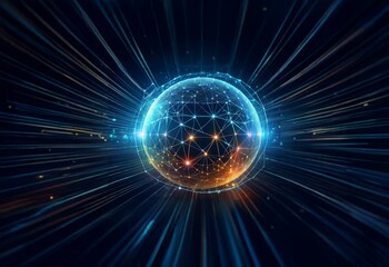 Obraz premium A glowing, multifaceted sphere with a blue and orange color scheme is surrounded by radiating streaks of light on a dark background.