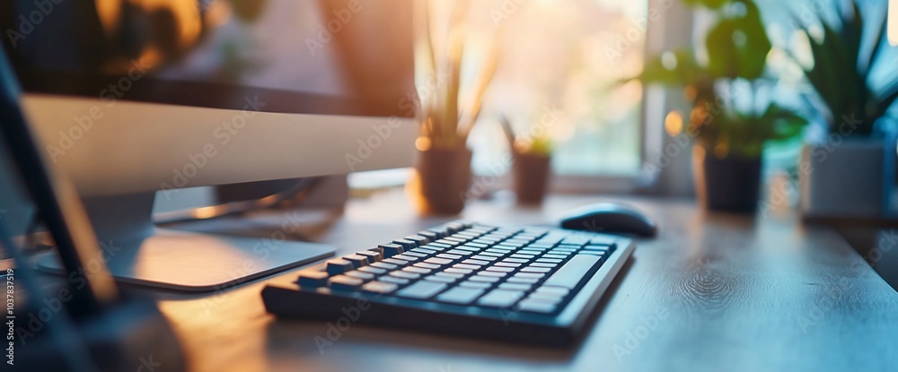 Poster a close-up of a black keyboard on a wooden desk, with a blurred background of a computer monitor, po